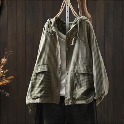Damen Vintage Kapuzenshirts Gestreift Langarm Patchwork Taschen Herbst Lässig Damenblusen