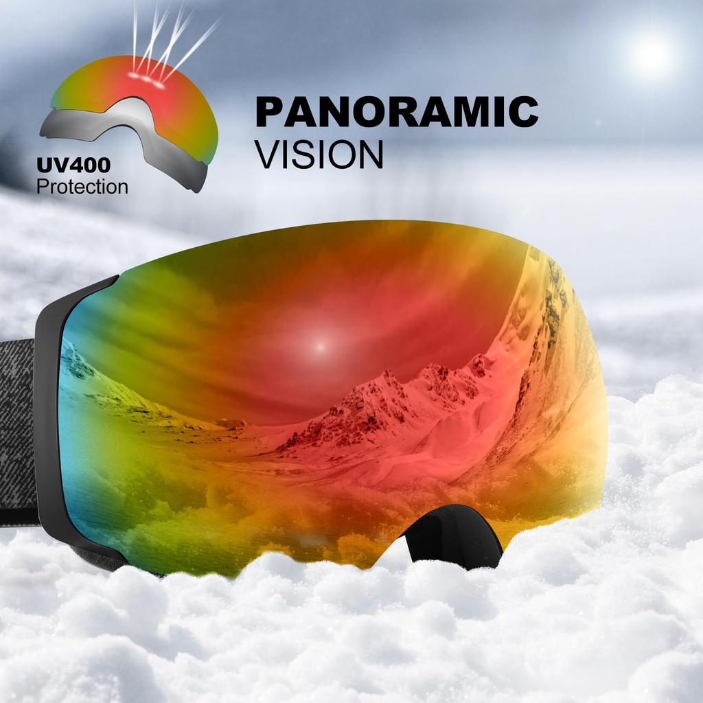 Odoland Snow Goggles Night Ski Magnetic Interchangeable Spherical Glasses OTG Wide Field of UV400 Impact Unisex Lens VLT + Lenses, Lenses, Dual-Layer