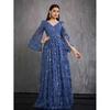 European and American Foreign Trade New Style Sequined Long-Sleeved Blue Evening Dress Elegant Piano Performance Deep V-Neck Party Wedding