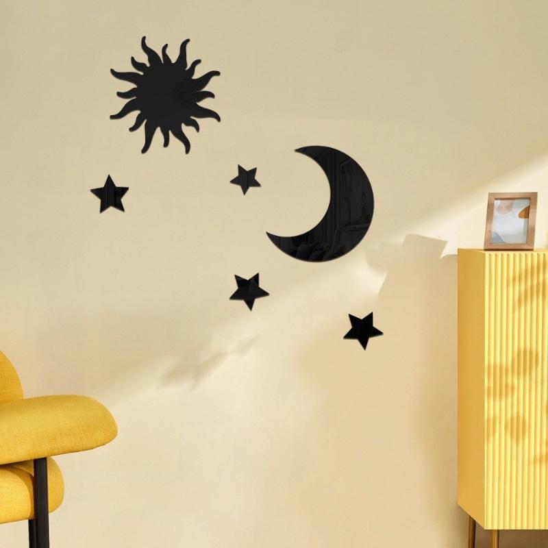 

6Pcs Star Moon Combination Mirror Acrylic Stereo Self Adhesive Diy Bedroom Living Room Can Be Removed Wall Stickers чорний