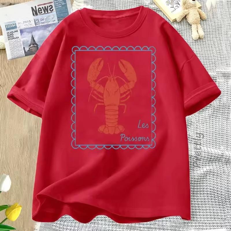 

Lobster T-Shirt French Coastal Tee Shirt Men Women Summer Cotton Short Sleeve T Shirt Oversized Round Neck Tshirt Oversized S червоний