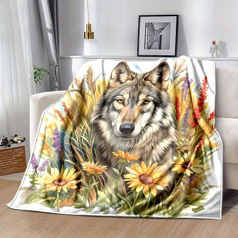 1pc Wolf Amidst Sunflowers and Lavender Blanket Seasonal Home Decorative Throw for Couch, or Car Seat Cover,Living Room, Travel, Camping