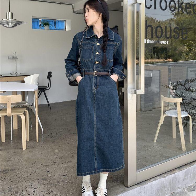 

Корейское Ретро Джинсовое Платье для Похудения: Приталенное миди с длинным рукавом для женщин - Новая осенне-весенняя коллекция Small