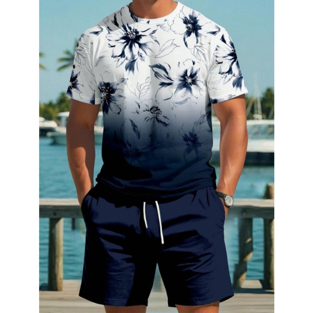 Men's Short Sleeve and Shorts Set Gradient Color Printed T-shirt Drawstring Shorts Beach Short Sleeve Top Shorts Two Piece Set
