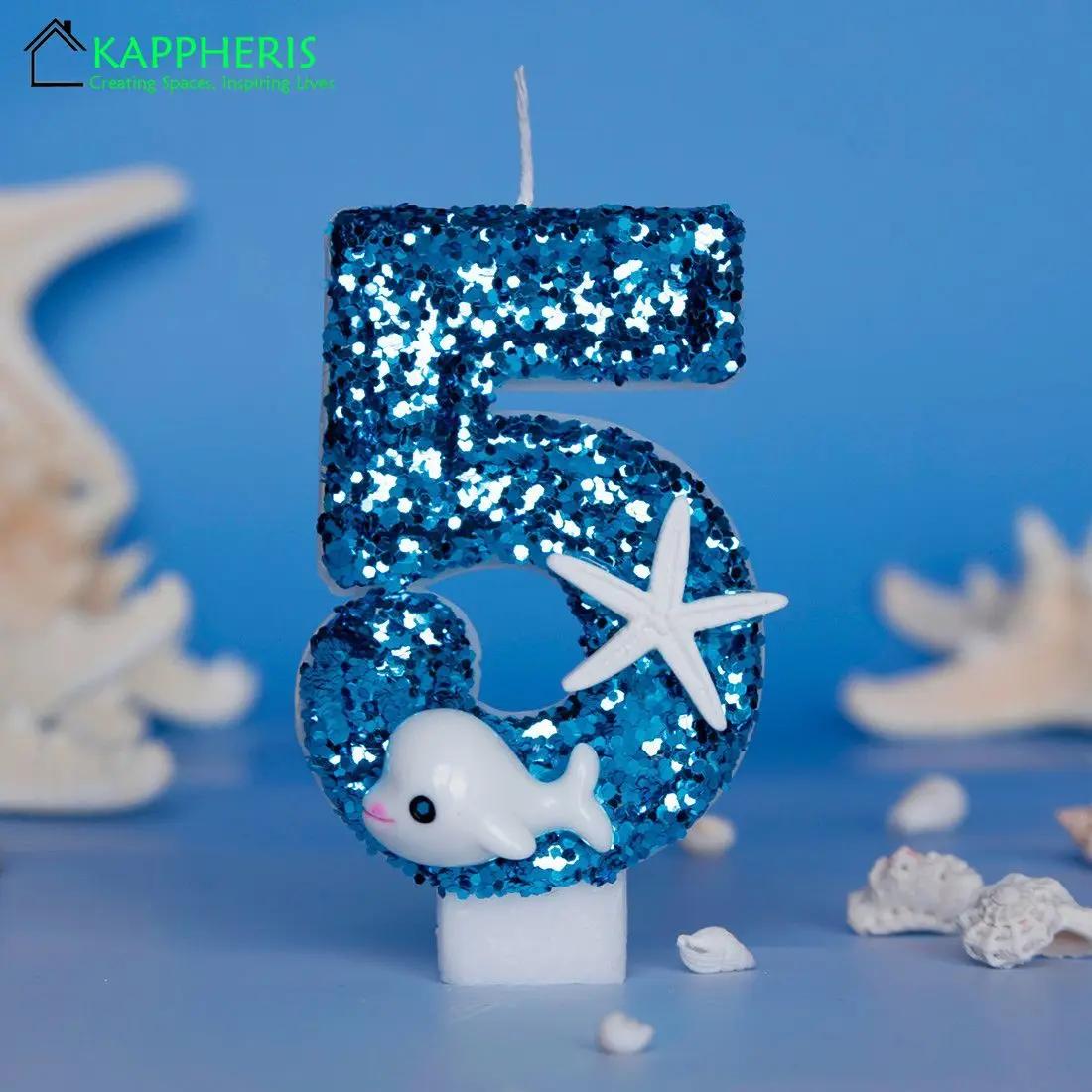 

Свечи на детский день рождения в виде дельфина для мальчиков, синие блестящие свечи для торта в виде морской звезды, украшение для вечеринки в виде цифры 0-9