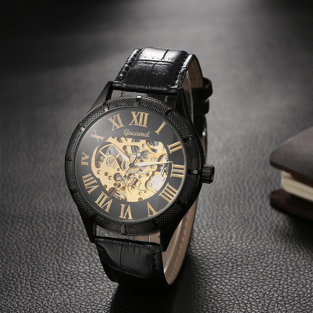 Relógio Automático Negócios Pulseira de Couro Masculino Aço Inoxidável Números Romanos Luminoso Estilo Engrenagem Formal Uso Diário À Prova d'Água Resistente à Chuva Presente