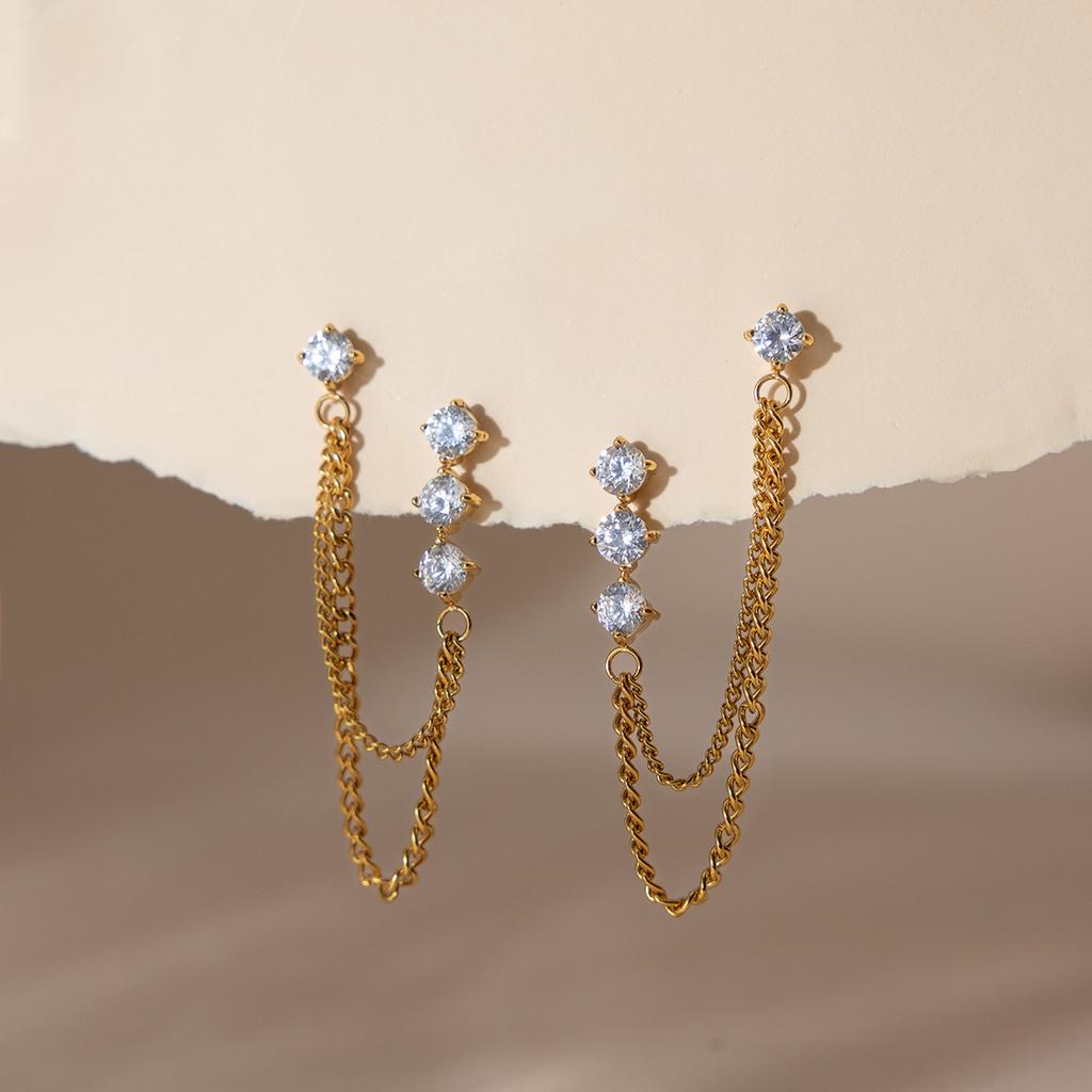 Jingqiao Stainless Steel 18K Gold Plated White Zircon Tassel Earrings Chain Classic Women