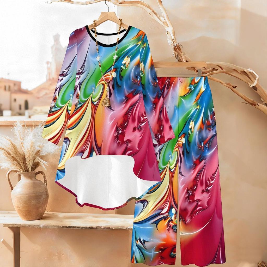 Marble Print Two Piece Outfit Women Long Sleeve Irregular Hem Tunic Top Wide Leg Pants Casual Matching Set