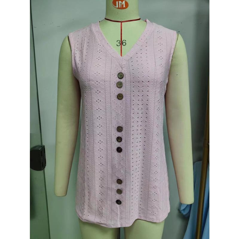 Damen Frühling und Sommer Kurzarm T-Shirt Knopf V-Ausschnitt Lose Weste Top
