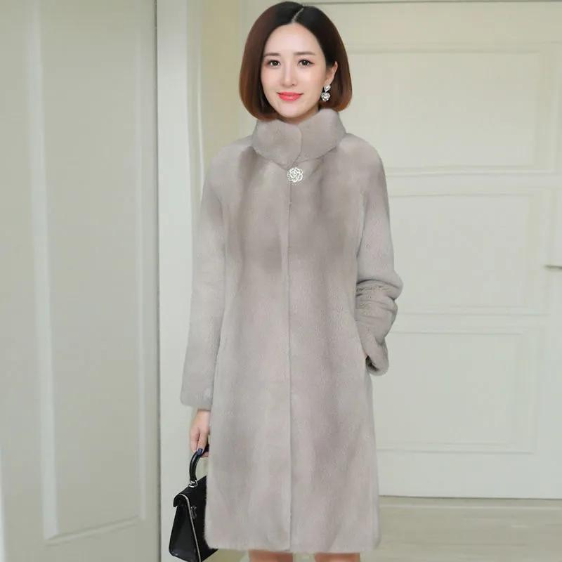 Autumn and Winter Women's Imitation Mink Fur Coat Mid-length Stand Collar Plus Cotton Thickened Loose and Thin Imitation Mink Fur Coat