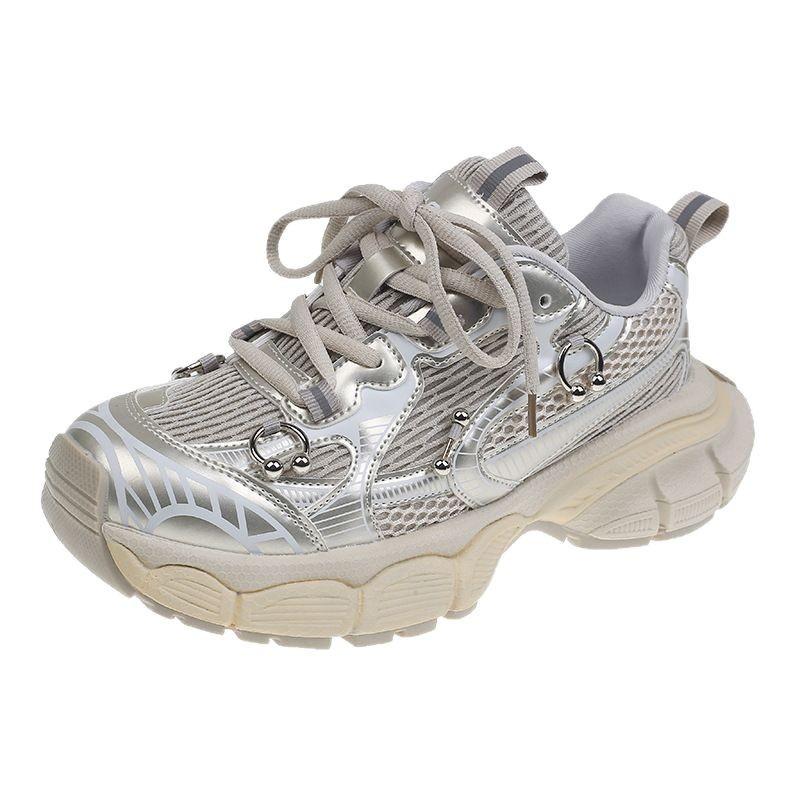 Leather dad shoes women's 2025 spring new thick-soled versatile breathable polish outdoor casual sports shoes running shoes tide
