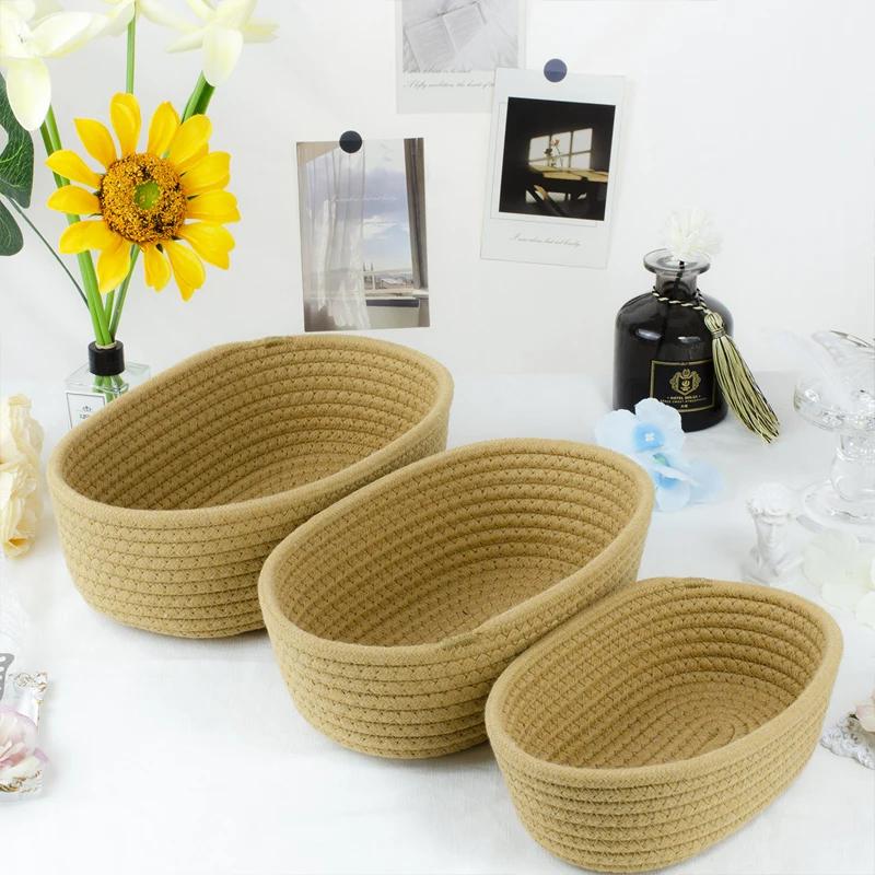 3pcs cotton rope woven oval storage basket, simple modern home, cosmetics storage and organization