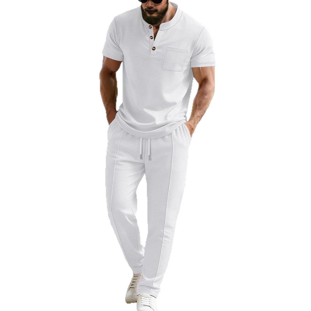 2026 Men's European & American Summer Henley T-Shirt + Drawstring Pants Set