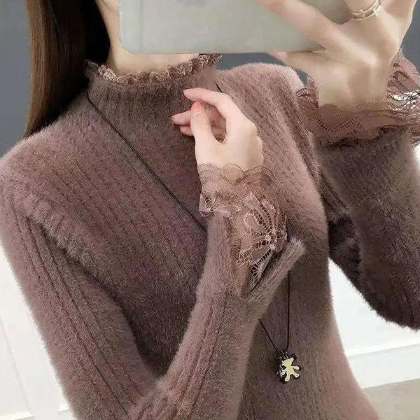 

Свитер из искусственной норки, женский осенне-зимний свитер с высоким воротом и кружевной строчкой на подкладке, облегающая трикотажная рубашка S коричневый