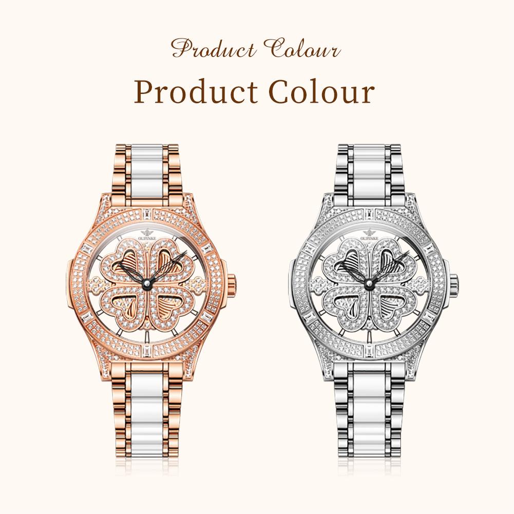 OUPINKE Woman Watch Diamond Dial Swiss Quartz Ladies Wristwatch Ceramic Steel 50M Waterproof Four Leaf Clover Clock Reloj