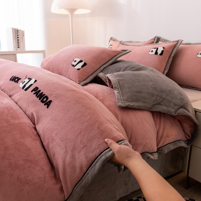 Panda Thickened Milk Fleece Embroidery Four-Piece Set Thermal Bedding Kit Student Three-Piece Set