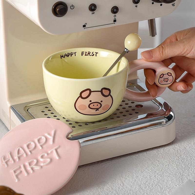 Breakfast Cup with Lid with Spoon for Women with High Appearance High Temperature Resistance Wide Mouth Couple Ceramic Cup for Household Use