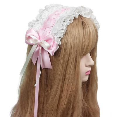 Pink Lolita Lace-Up Headband with Clip, Ribbon Charm, Hair Accessory, Lace Bow, Moe, Cute, Cosplay, Lolita, Maid Cafe [Used]
