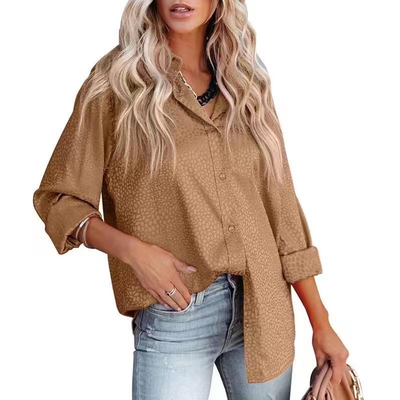 GMXIA Women's Fashion Casual Summer Leopard Print Long Sleeve POLO Neck Blouses & Shirts