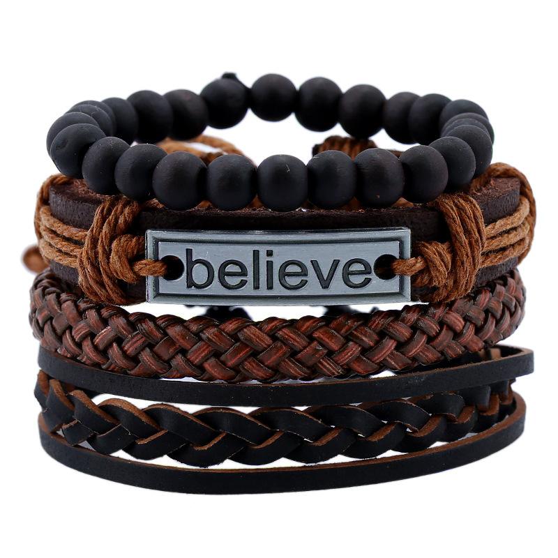 Hot Sale Vintage Braided Diy Men s Leather Bracelet Believe Letter Set Men s Genuine Leather Bracelet коричневый