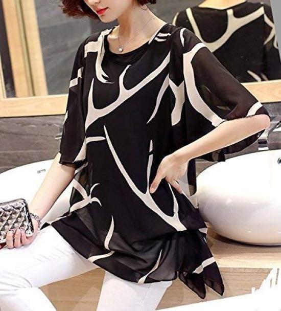 Aspersio Beautiful Chiffon Design Tops Flared Sleeves Sleeves Tunic Sleeves Slimming Pullover Shirt Sexy Striped Casual Cute Loose Satin Bicolor Round