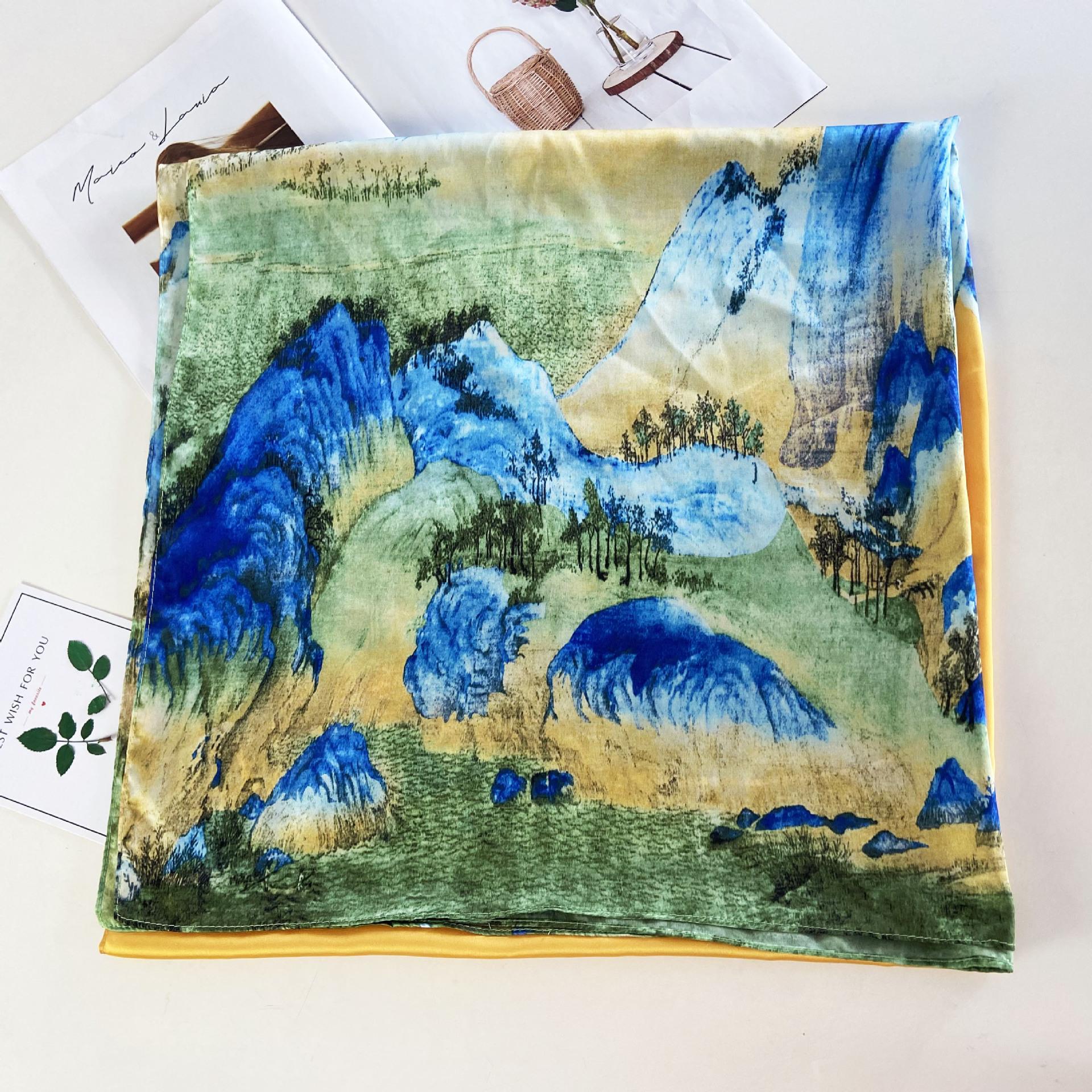 Spring and Autumn New Chinese Style High-end Simulation Silk Crepe Satin Silk Scarf Large Square Scarf Printed Long Scarf Ethnic Style 90*180cm
