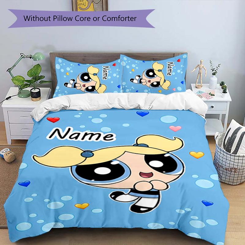 3pcs The Powerpuff Girls5 Cover Set - Personalized Name, HD Printed Bedding with 1 Cover and 2 Pillowcases - Perfect for Home Decor, Easy Care