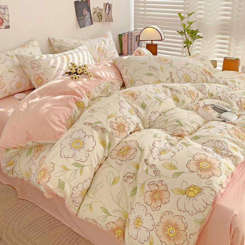 Small Fresh Mattress Quilt Cover Class A Maternal And Infant Grade Cartoon Dormitory Bed Sheet Three-Piece Set Super Soft Washed Cotton 4Pcs Set