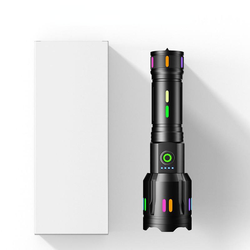 New White Laser Long Range Flashlight Type-C Charging Digital Display Fluorescent Bar Tail Hammer Zoom Flashlight Telescopic Flashlight