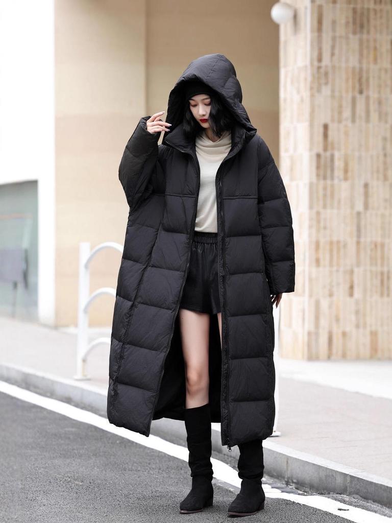Dam 2025 Vinter Lång Dunjacka med Huva - Koreansk Stil, Tjock, Enfärgad, Kappa över Knäna