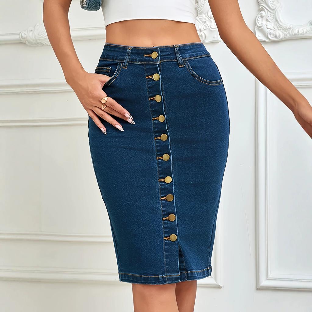 Women's High Rise Midi Skirt Pencil Fit Medium Stretch Single Panel Front Multi Button Bodycon Elegant Denim Skirt