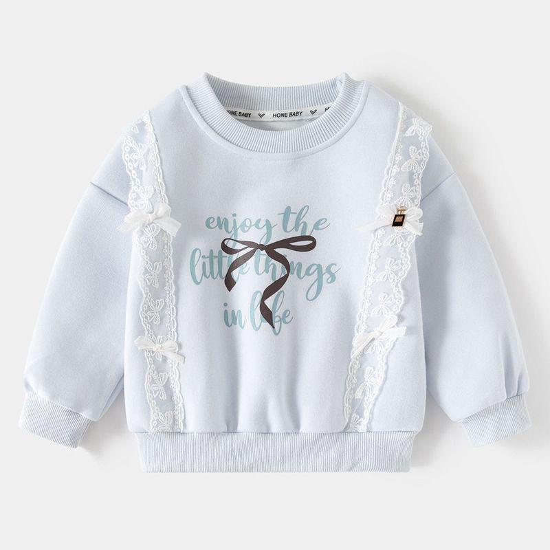 Spring and Autumn Children s Clothing, Girls Long-Sleeved Sweatshirt, Thick Children s Bow Top, Lace-Trimmed Pullover for Older Children Light Blue 150