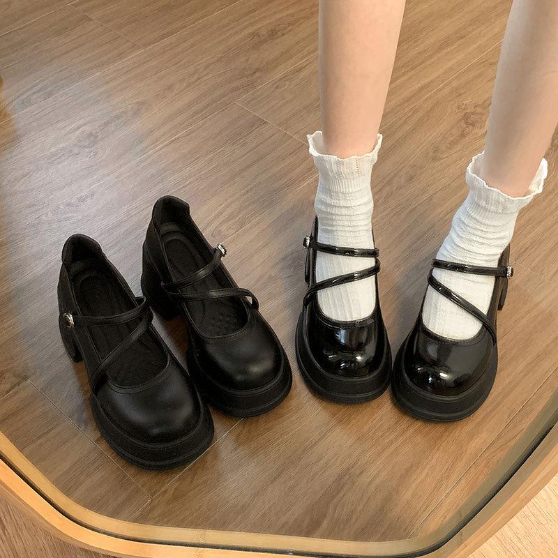 Black Japanese sweet and cool style jk small leather shoes women's 2025 spring and autumn new thick heel college style heightened Mary Jane shoes