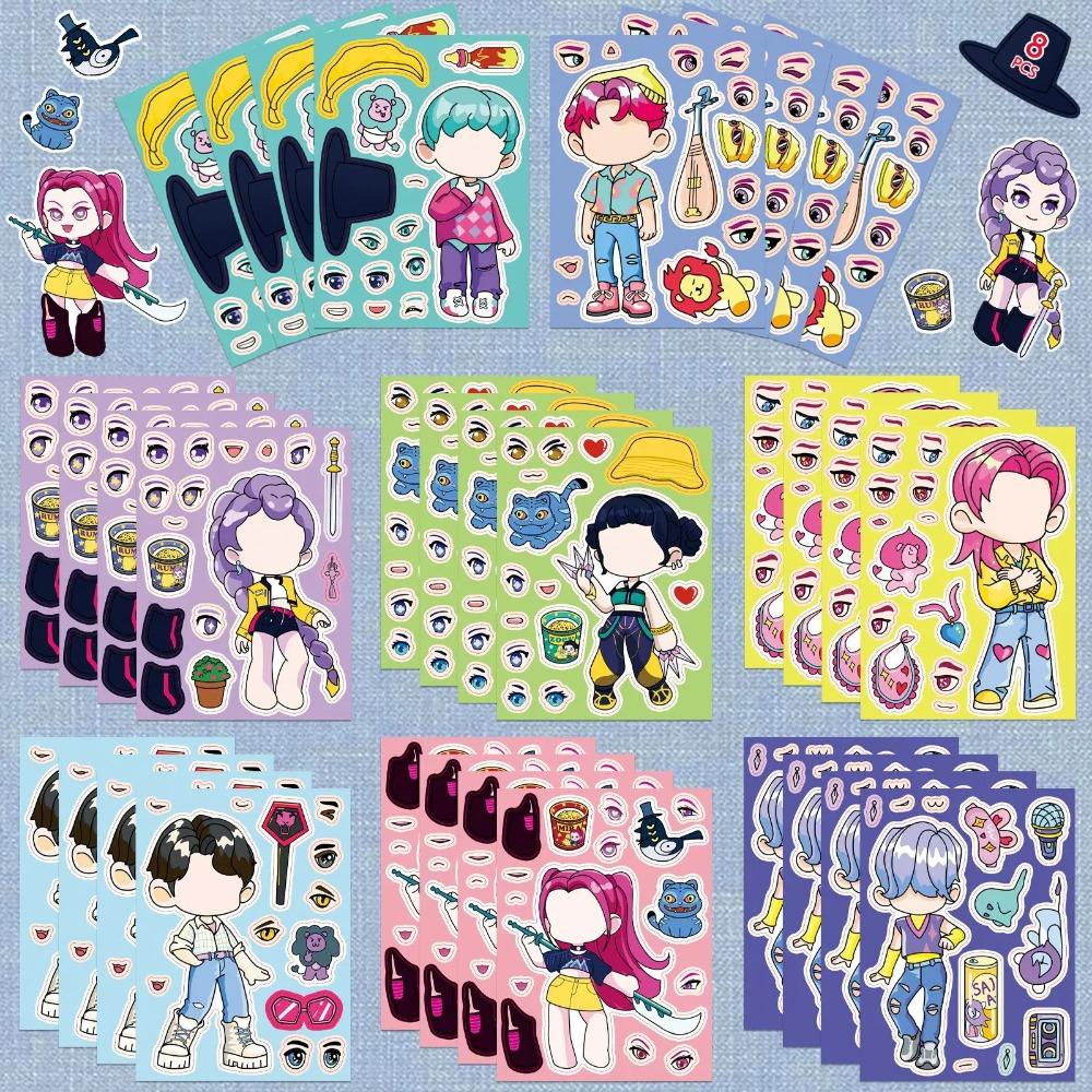 S New 8/16/24Pcs Cute KPop Demon Hunters Puzzle Stickers Make a Face Cartoon For DIY Phone Laptop Luggage Graffiti Decals