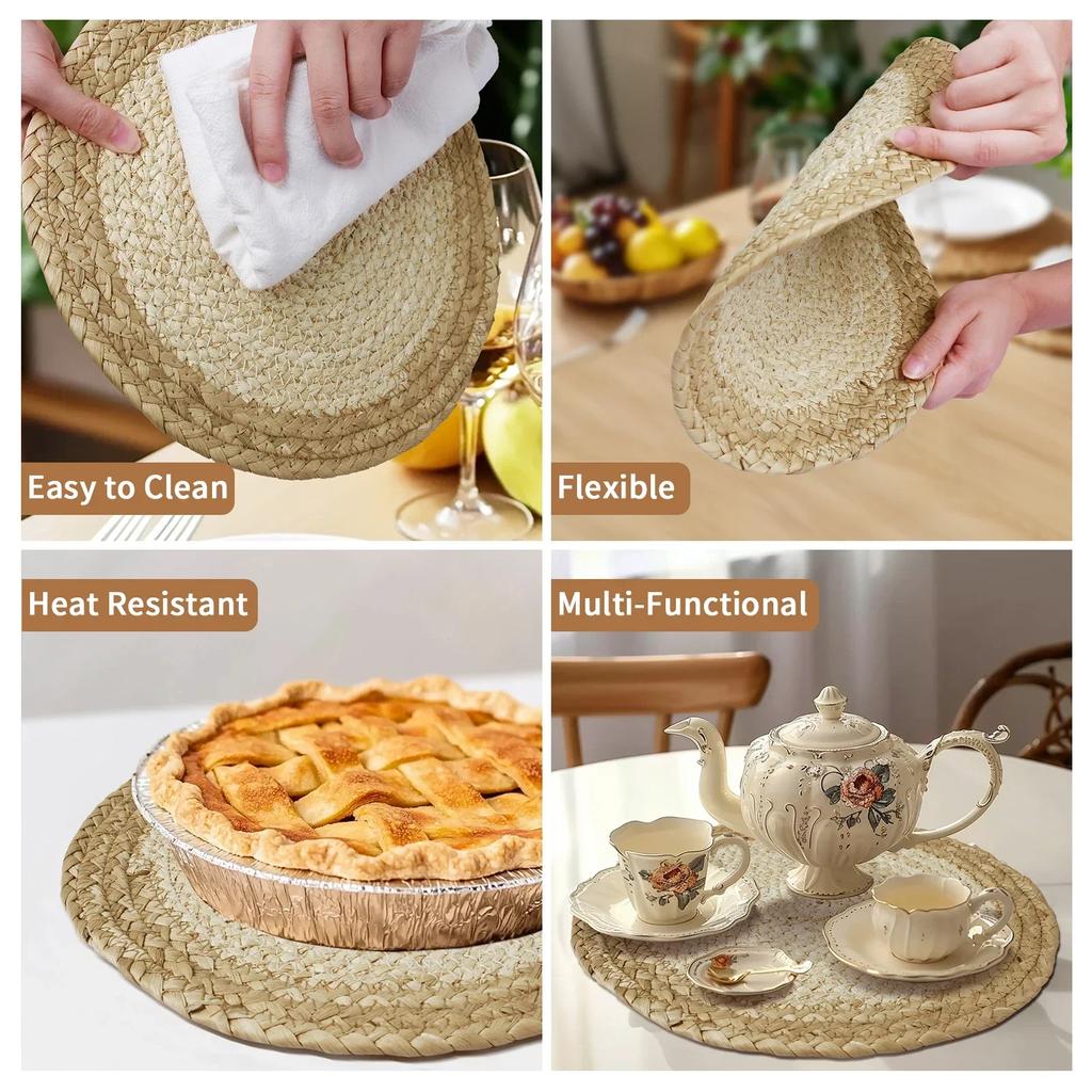 Gewebte Tischsets, 6er-Set, runde Tischsets aus Binsen, 30 cm, rutschfest, Boho-Korbpolster, Bauernhaus-Stil, hitzebeständig, für die Dekoration des Esstischs