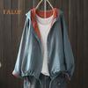 Women Spring Autumn Coat Hooded Drawstring Hem Long Sleeve Printing Loose Zipper Closure Jacket with Pockets Daily Wear Commuting Outerwear