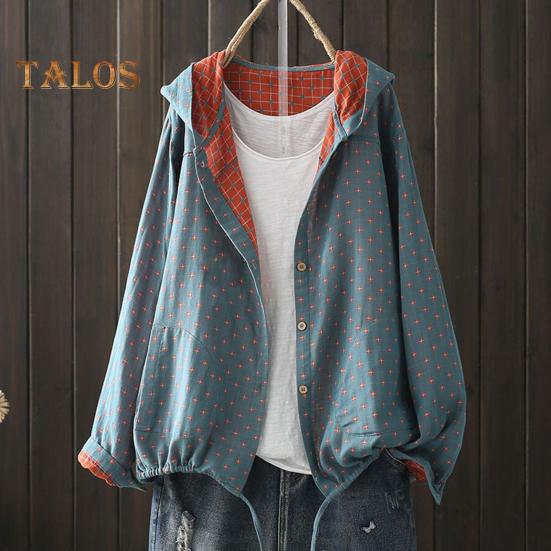 Women Spring Autumn Coat Hooded Drawstring Hem Long Sleeve Printing Loose Zipper Closure Jacket with Pockets Daily Wear Commuting Outerwear
