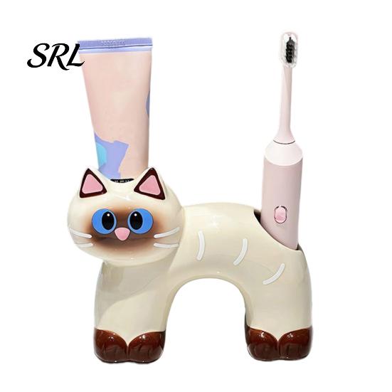 Portaspazzolino Gatto Carino Porta, Forma con Foro di Drenaggio, Porta Resistente alla Muffa Doppia Foro Organizzatore in Ceramica per Accessorio Bagno Resistente alla Muffa