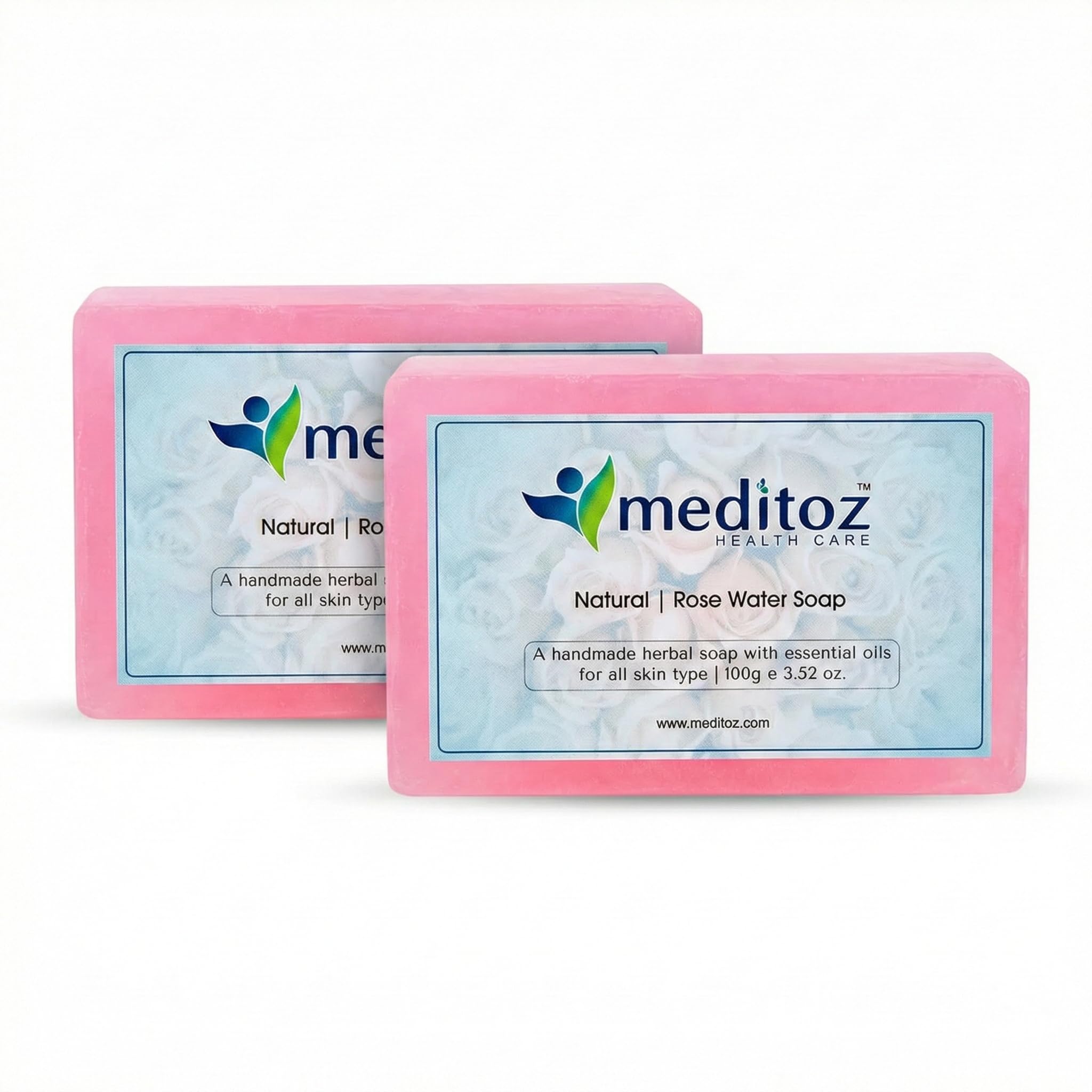 Meditoz Natural Rose Water Soap, Handmade Herbal Soap with Essential Oils, All Skin Types, (Pack of 2) 200g