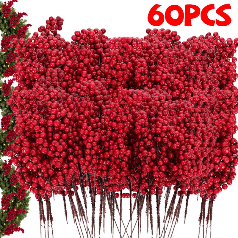60/1Pcs Christmas Red Berries DIY Holiday Wreaths Xmas Tree Decoration Festive Ornament Displays Artificial Red Berries Stems