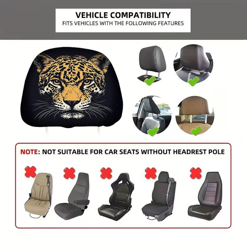Headrest Cover Pair for Car Cabin Style, Animal Face Print on Polyester Fabric with Slip-On Elastic Edge Design for Daily Driving and Plain Headrest