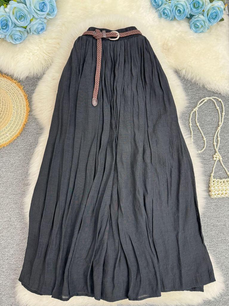 European & American A-line Pleated Cotton Linen Skirt with Elastic Waist - Mid-Length, Versatile, Women's