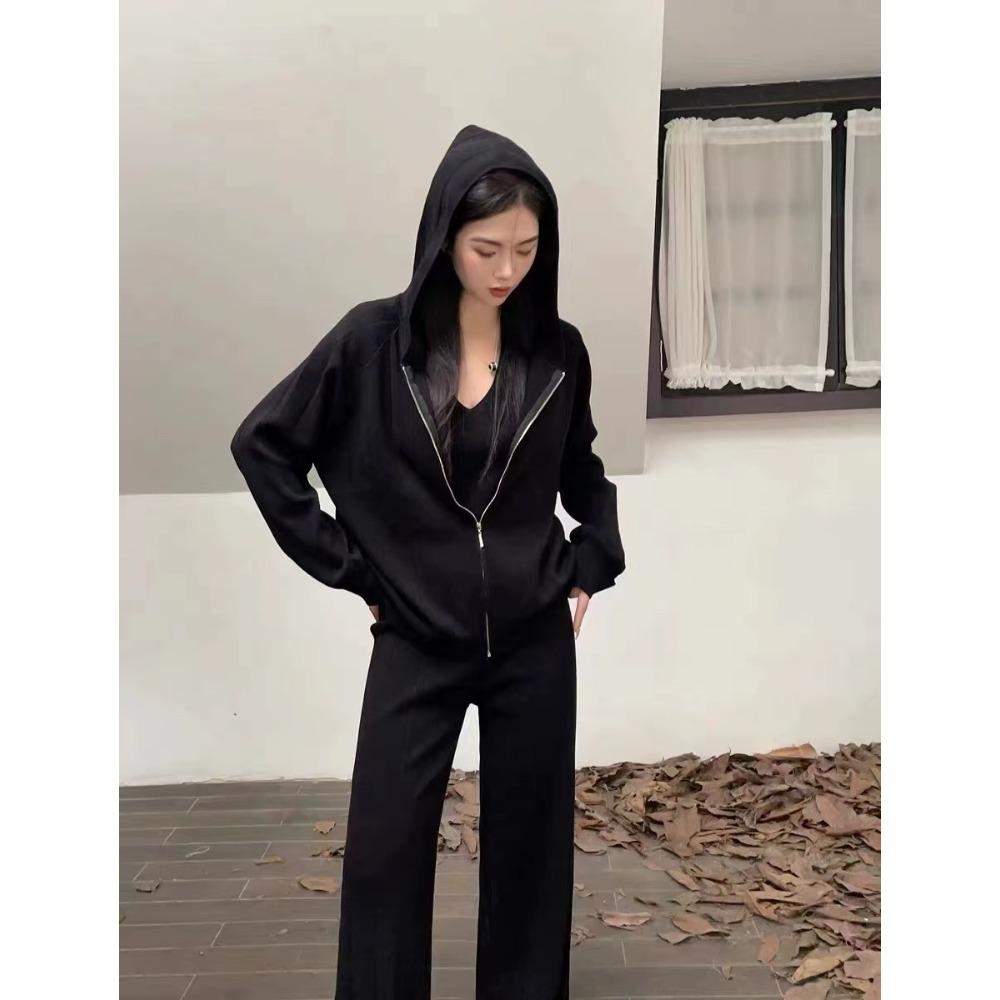 Women s Three Piece Matching Set Hooded Knit Cardigan Wide Leg Pants Fall Winter Commuter Knit Suit One size fits all чёрный