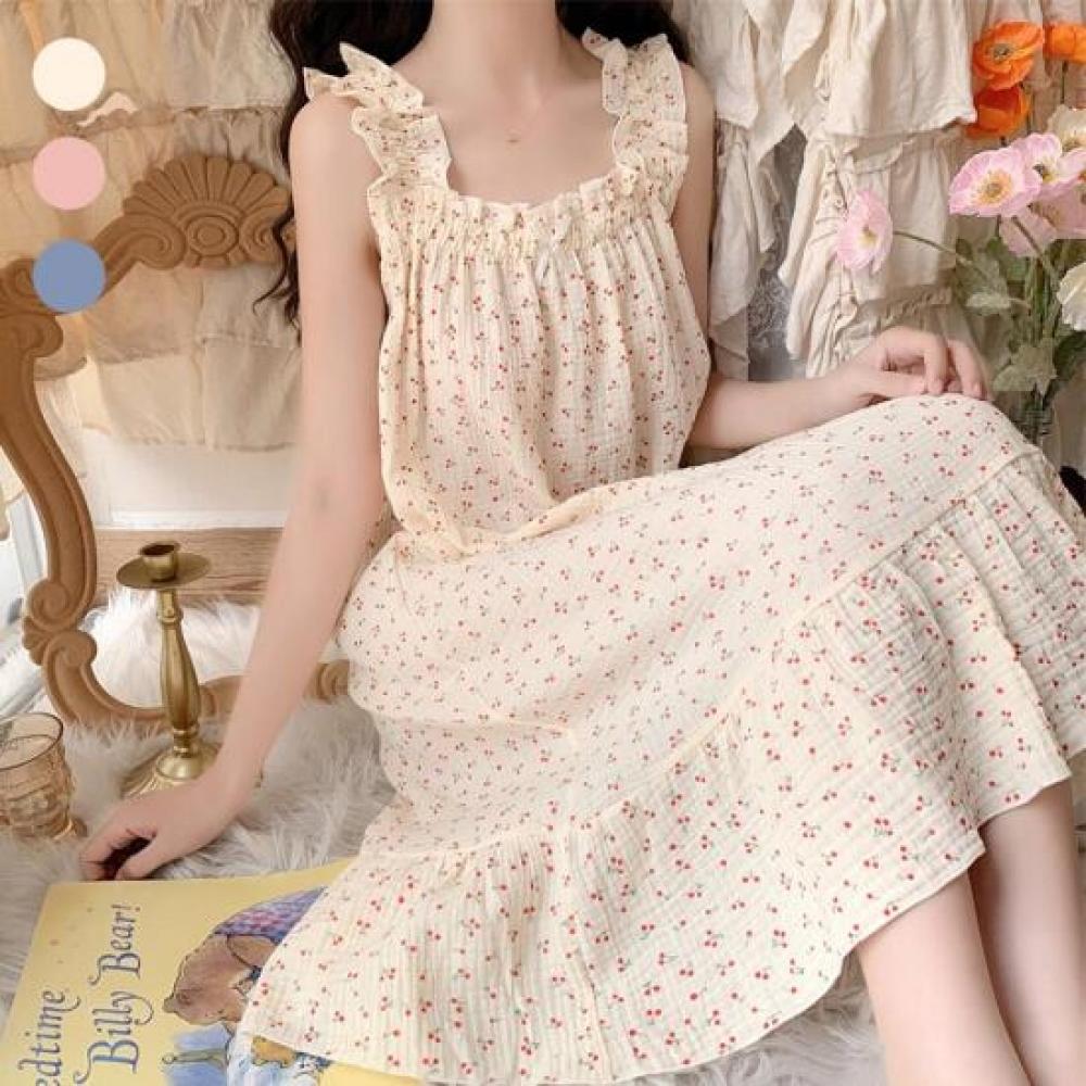 New Arrivals Open Run Women Luroy Ruffle Lace Decorated Pajama Dress Sleeveless