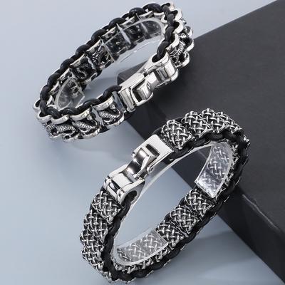 Vintage Men's Leather Bracelets 14MM Width Rotatable 316L Stainless Steel Dragon Link Chain Bracelet for Men Punk Rock Jewelry
