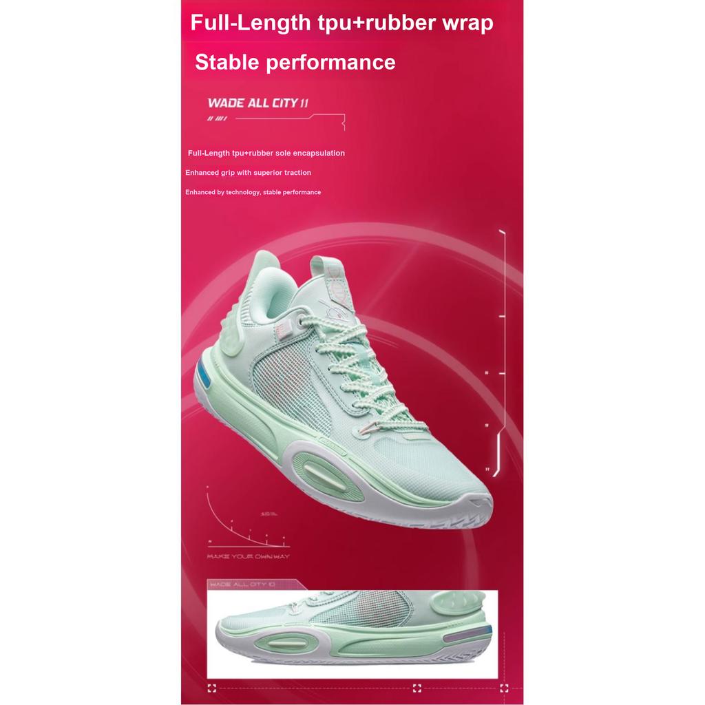 Li Ning All City 11 Youth Version Non-Slip Wear-Resistant Breathable Low-Top Basketball Shoes Kids Sneakers Soft-Water-Blue ABPT005-4