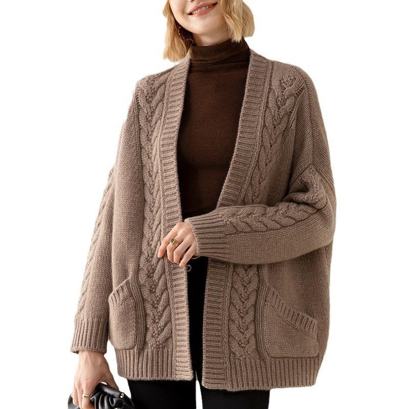 European and American V-neck Twist Sweater Women's Autumn and Winter Coat Wearing Lazy Wind Knitted Cardigan Top