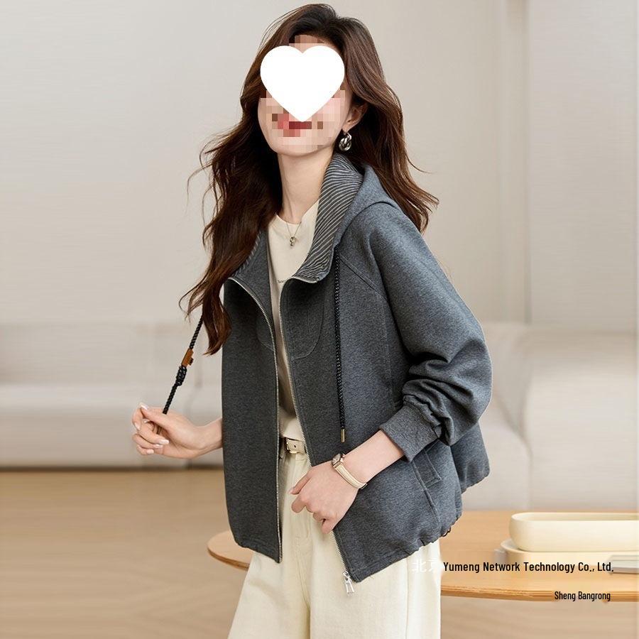 Women's Gray Hooded Sweatshirt - Short Jacket for Spring and Autumn, Loose Fit, Trendy and Casual.