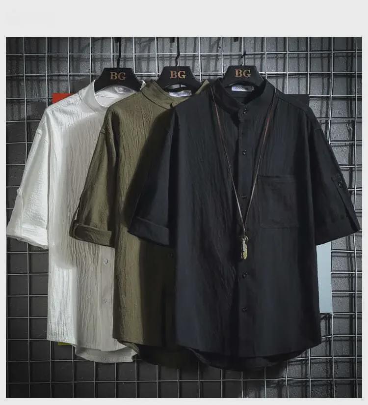 Übergröße Herren Hemd im japanischen Stil mit Stehkragen und kurzen Ärmeln, einfarbig