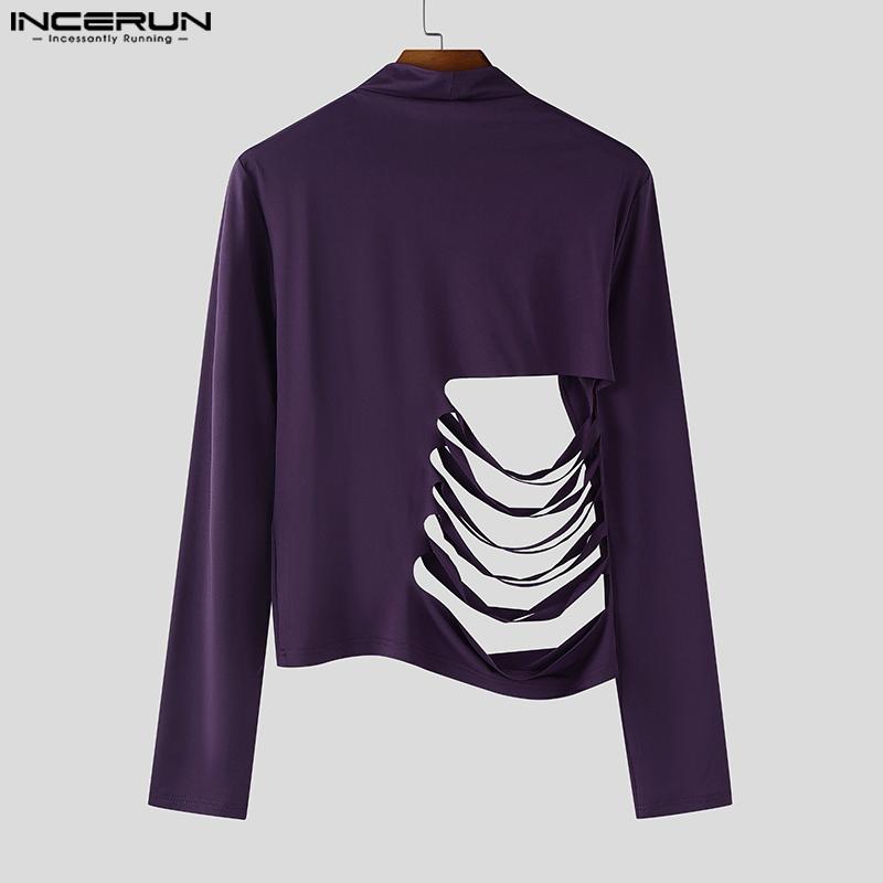 INCERUN Magliette intime casual aderenti a maniche lunghe con collo alto e cut-out con fasce da uomo